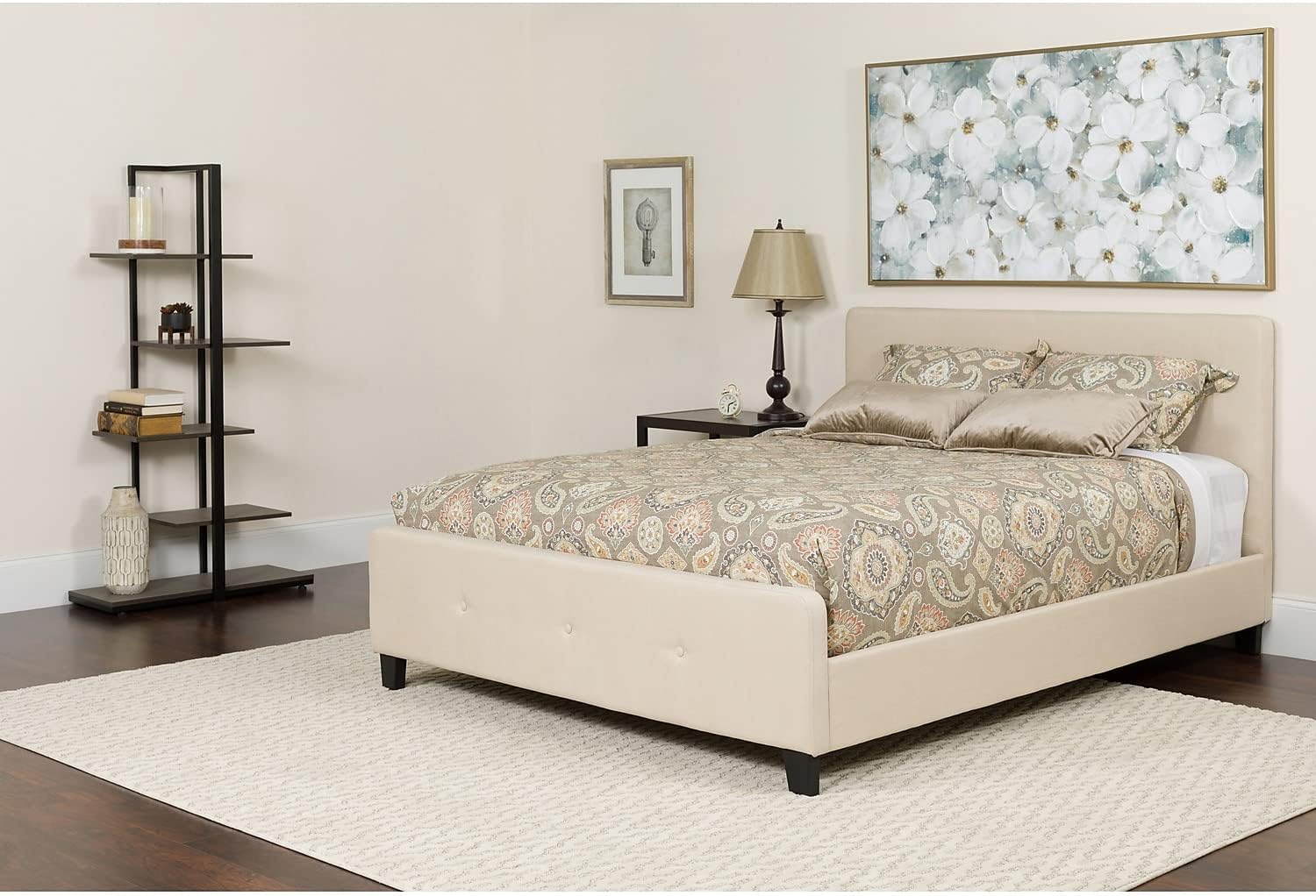 Flash Furniture Tribeca Queen Size Tufted Upholstered Platform Bed in Beige Fabric with Pocket Spring Mattress