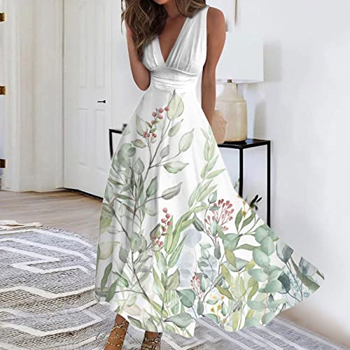 Vacation Dresses for Women, Summer Beach Plus Size V-Neck Sleeveless Fashion Dress Flowy Floral Printing Long Dresses
