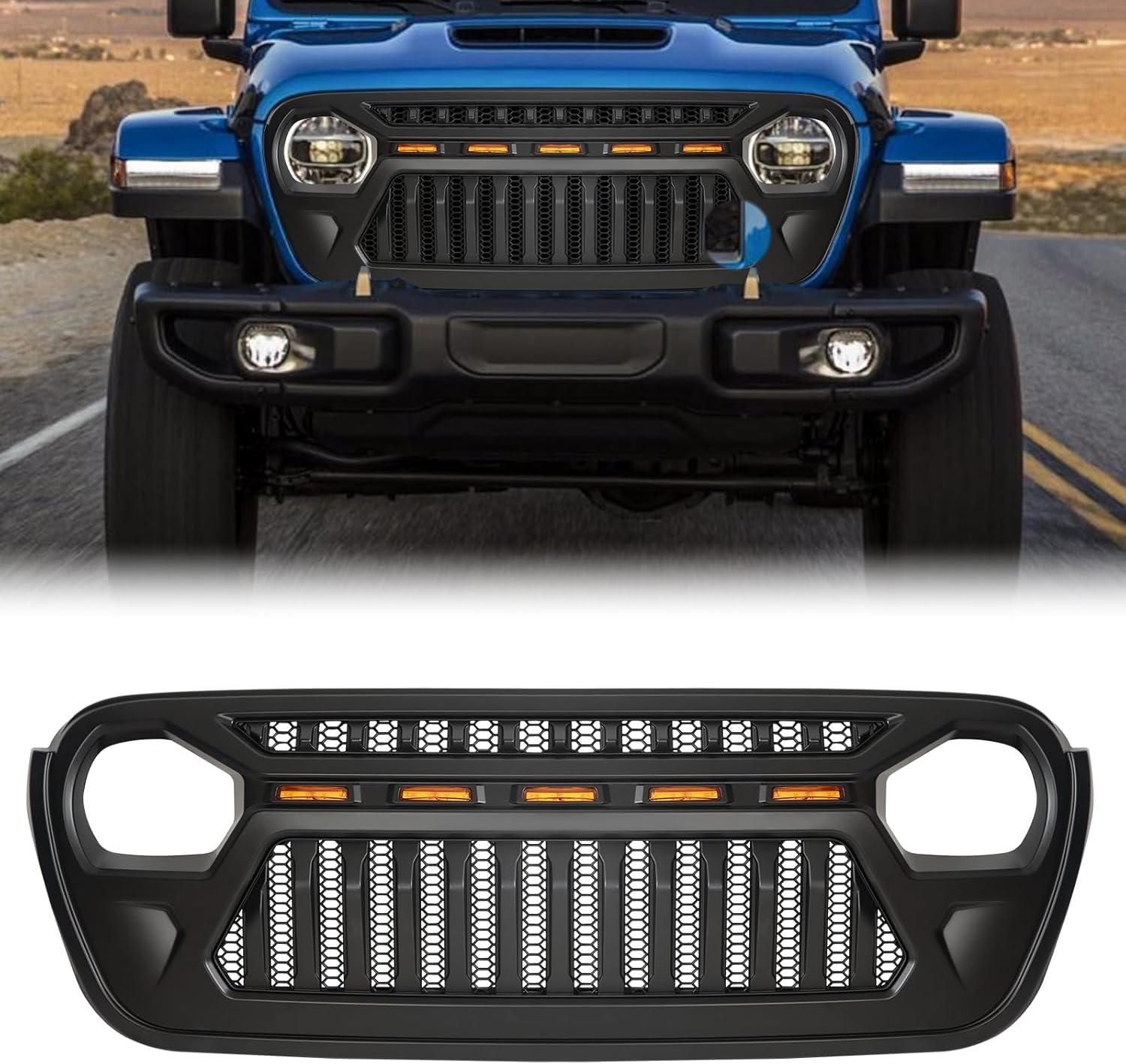 Front Grill with 5 Amber LED Lights, Front Grille Compatible with jeep Wrangler JL/JLU & Gladiator JT 2018 2019 2020 2021 2022 2023 2024 ABS Mesh Grille