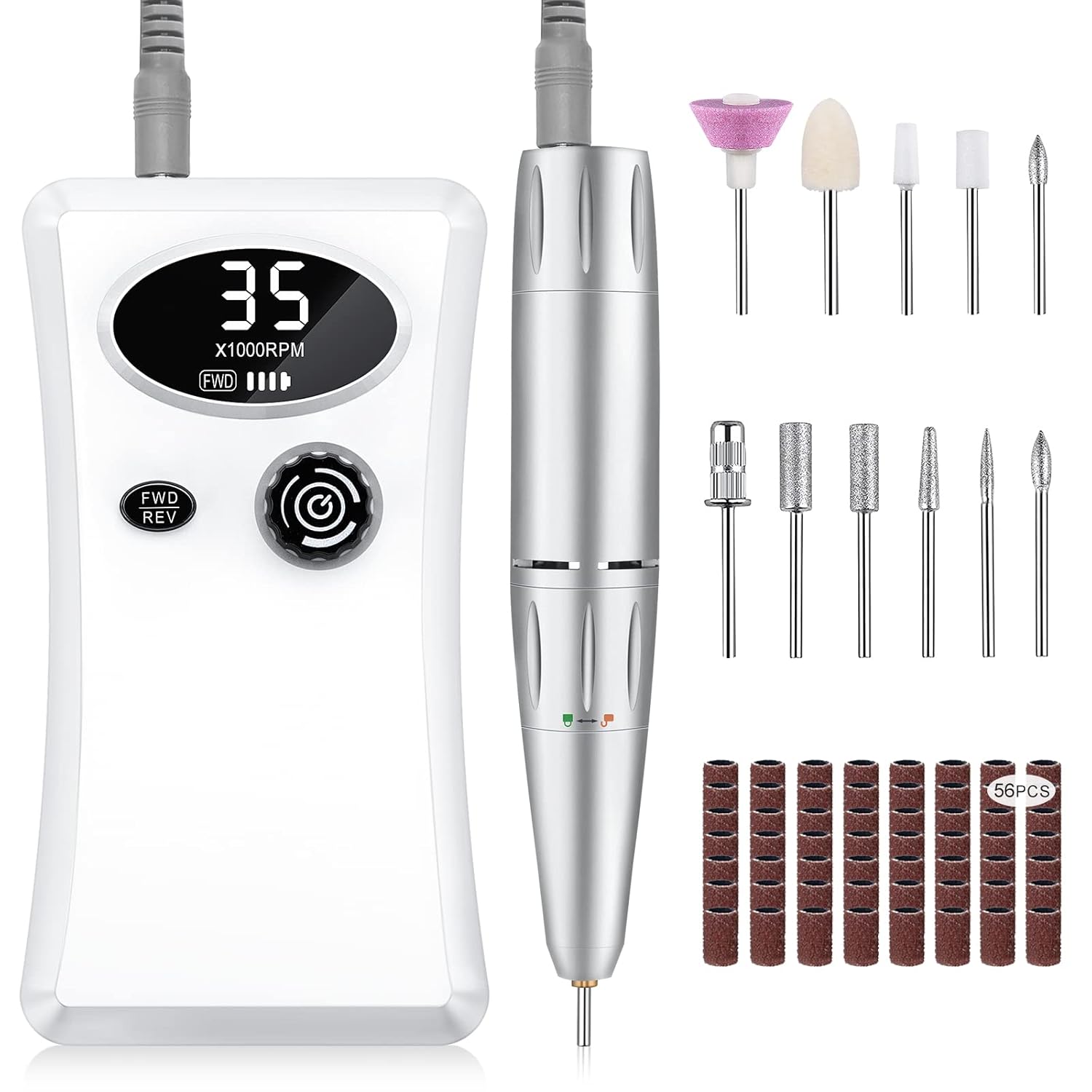 Electric Nail Drill, Urbuti 35000RPM Professional Nail Drill Machine, Portable Rechargeable File Machine Set for Acrylic Gel Nails, Manicure Pedicure Tools for Home and Salon Use(White)