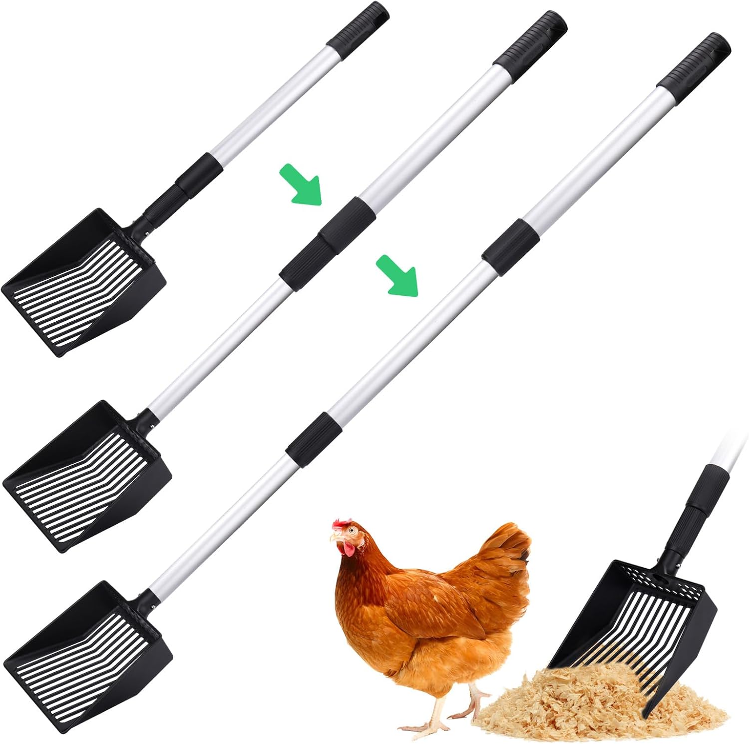 Mity rain Chicken Coop Accessories, 3 IN 1 Adjustable Chicken Scooper for Cleaning, Sifting Shovel for Chicken Coop Separating Poo and Debris from Sand, Chicken Litter Scoop Supplies