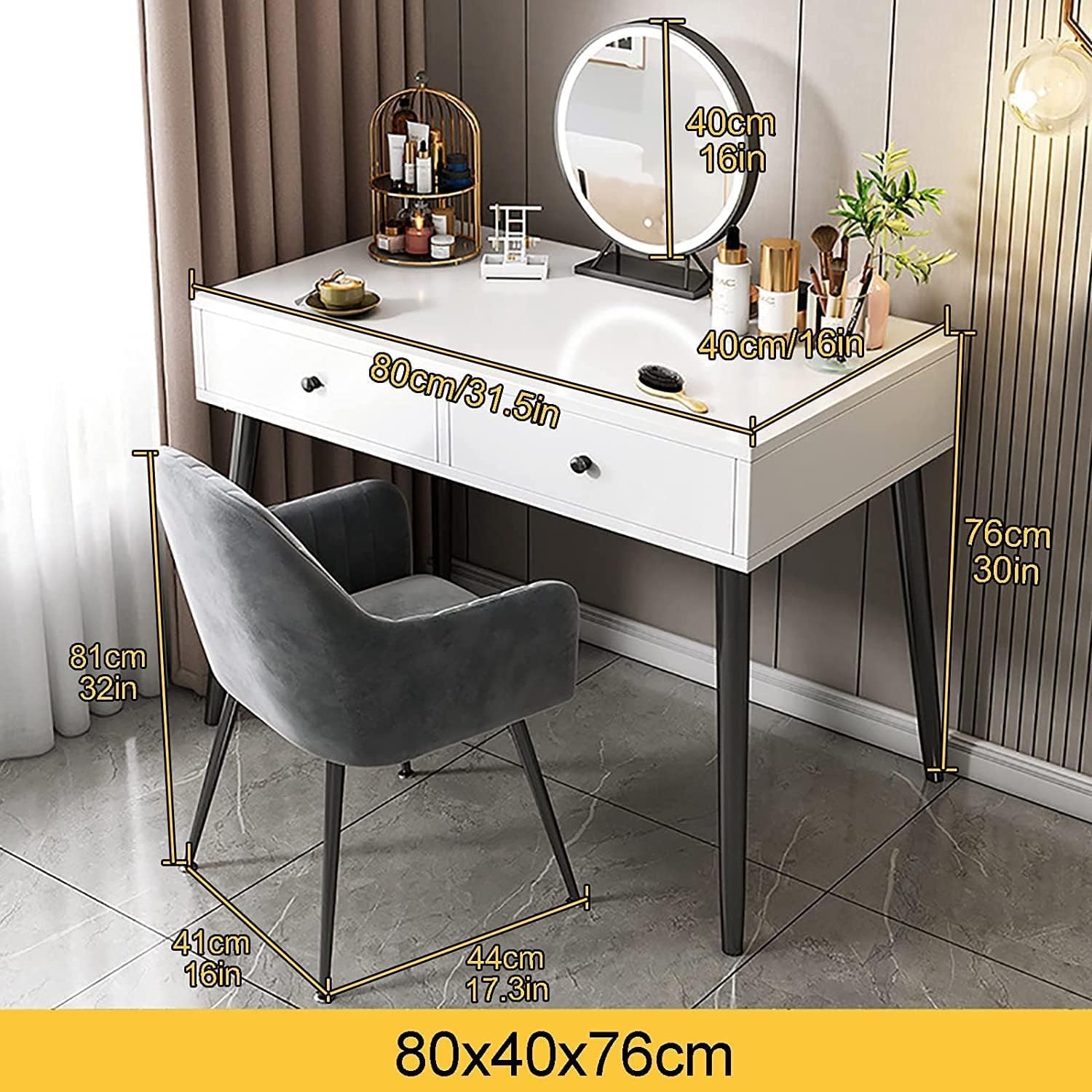 Vanity Desk Touch Screen Dimming Mirror Vanity Set 2 Drawers Dresser with Back Makeup Chair Writing Desk Home Dressing Table