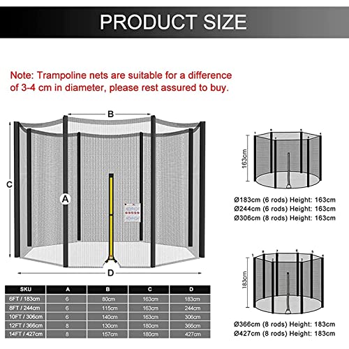 Trampoline spares Round Trampoline Safety Net 10ft 12ft 13ft 14ft 15ft 16ft Replacement Trampolines Enclosure Net with Zipper and Buckle Visibility Tear and Weather-resistant