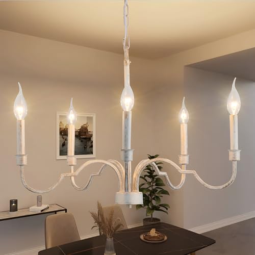 French Country Chandeliers,5-Light Vintage Candle Chandelier for Dining Room,Lighting Fixture Gold White Antique Farmhouse Chandelier for Living Room Kitchen Island Foyer Bedroom