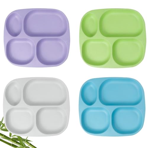 shopwithgreen Bamboo Divided Plates for Kids Adults - Dinnerware Set for Toddlers Kids Children Baby, Toddler Dinner Plates, BPA Free, Stackable, Dishwasher Safe, 9.4 inch, Set of 4