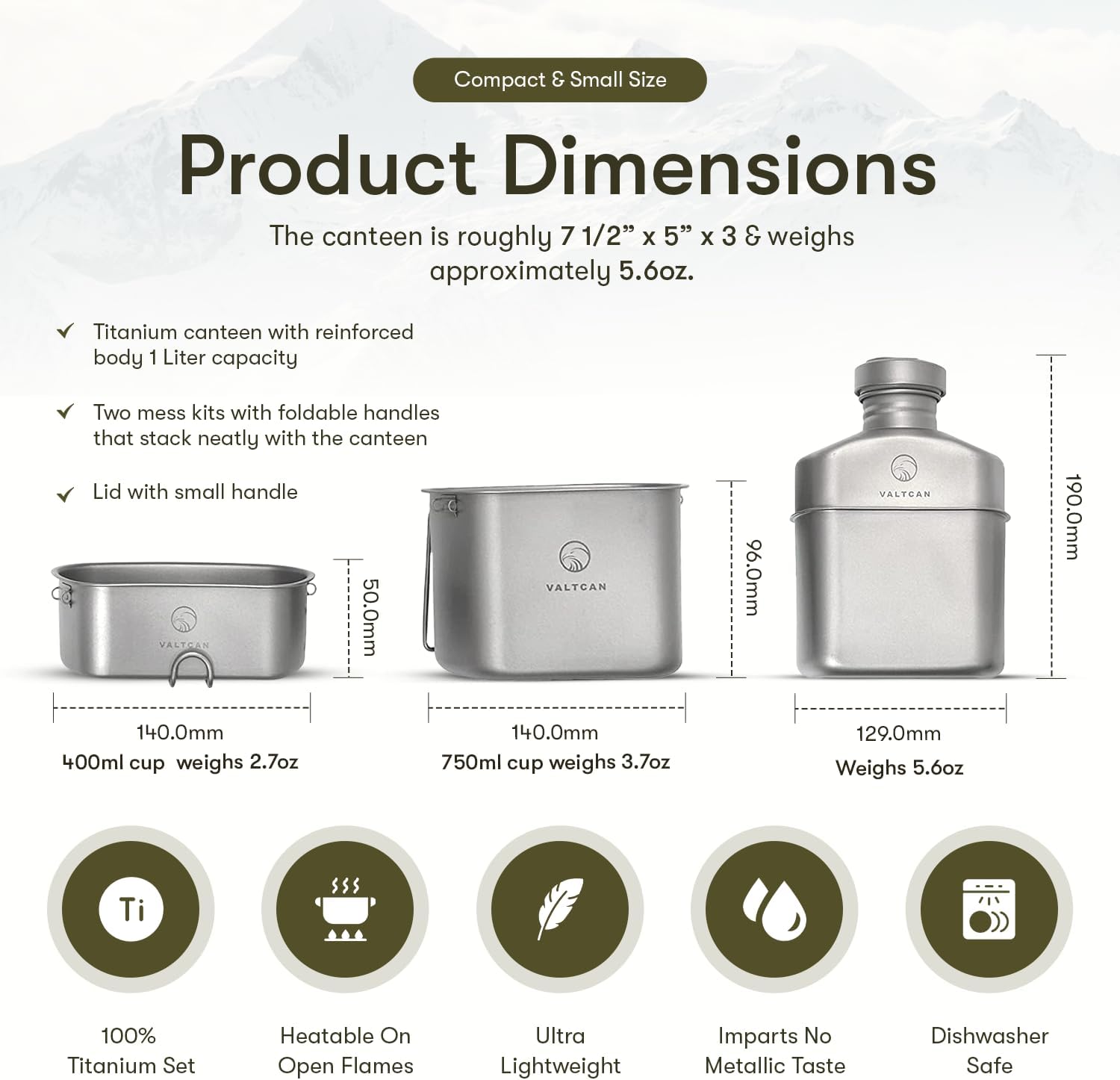 Valtcan Titanium Canteen Military Mess Kit 1100ml 37oz Capacity with 750ml and 400ml cookware Cups