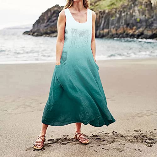 Boho Dress Summer Beach Cover Ups Flowy Sleeveless Sun Dresses for Women Maxi Casual Loose Linen Sundresses with Pocket