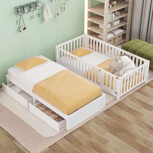 Full Bed Frame with Rails and Storage Drawers, Can Be Divided into A Full Size Floor Bed with Fence and A Daybed with 2 Drawers, Wood Montessori Beds with Kids Boys Girls Teens, Natural