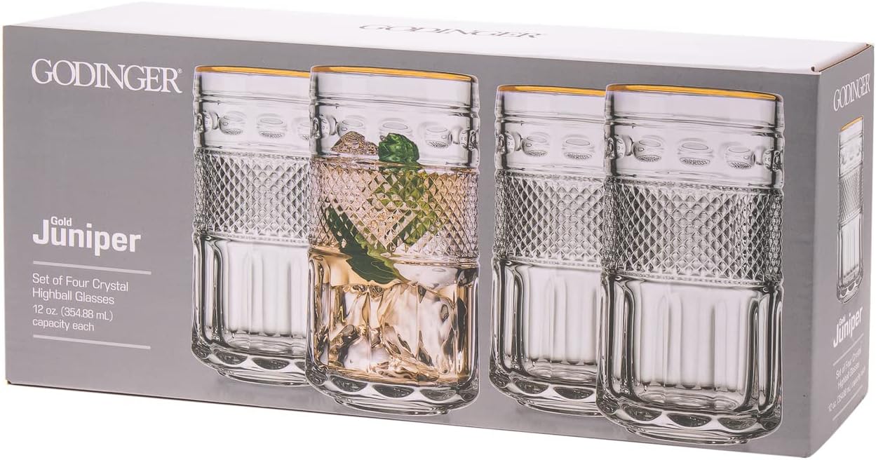 Godinger Highball Beverage Glass Cup Juniper Gold Rim - Set of Four