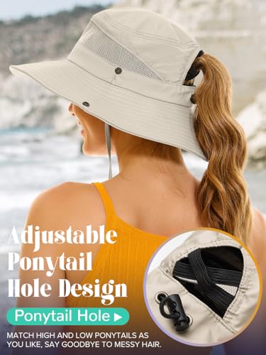 Sun Hat with Ponytail Hole for Women,Sun UV Protection UPF50+ Waterproof Beach Bucket Safari Hiking Hat for Women