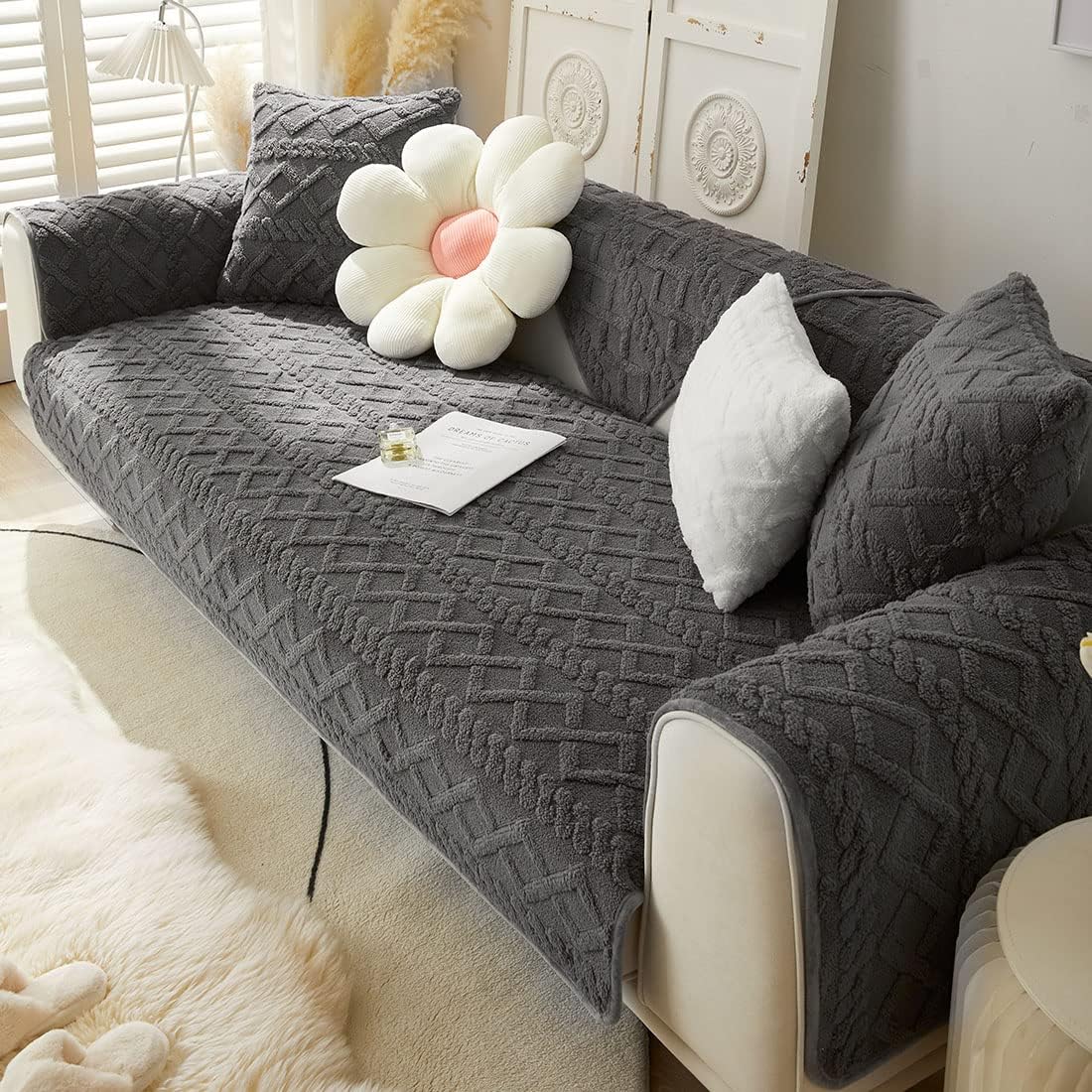 vctops Geometric Jacquard Plush Sofa Couch Covers Farmhouse Neutral Non Slip Sectional Couch Cover Soft Warm Sofa Slipcover for Dogs, Children, Pets Furniture Protector (Dark Grey,28