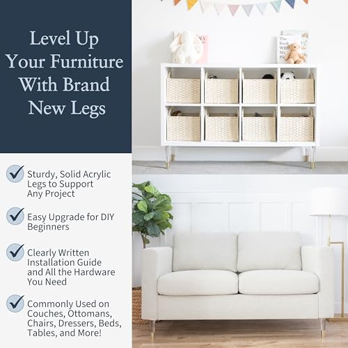 Acrylic Furniture Legs With Gold Caps - Mid Century Legs For Couch, Sofa, Chair, Table, Dresser, Bed, Cabinet - Furniture Feet Are Easy To Install & Include Installation Hardware - Set of 4, 4 Inches