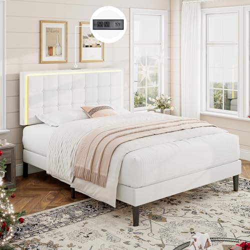 King Size Bed Frame with LED Headboard, Linen Button Tufted Upholstered Platform Bed with USB Charging Station, Strong Wooden Slats Support, No Box Spring Needed, White