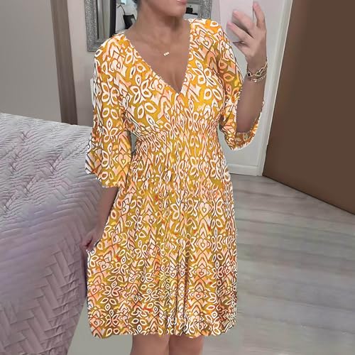 Summer Dresses for Women 2024 Floral V-Neck 3/4 Sleeve High Waisted Oversized Casual Beach A-Line Tropical Dresses