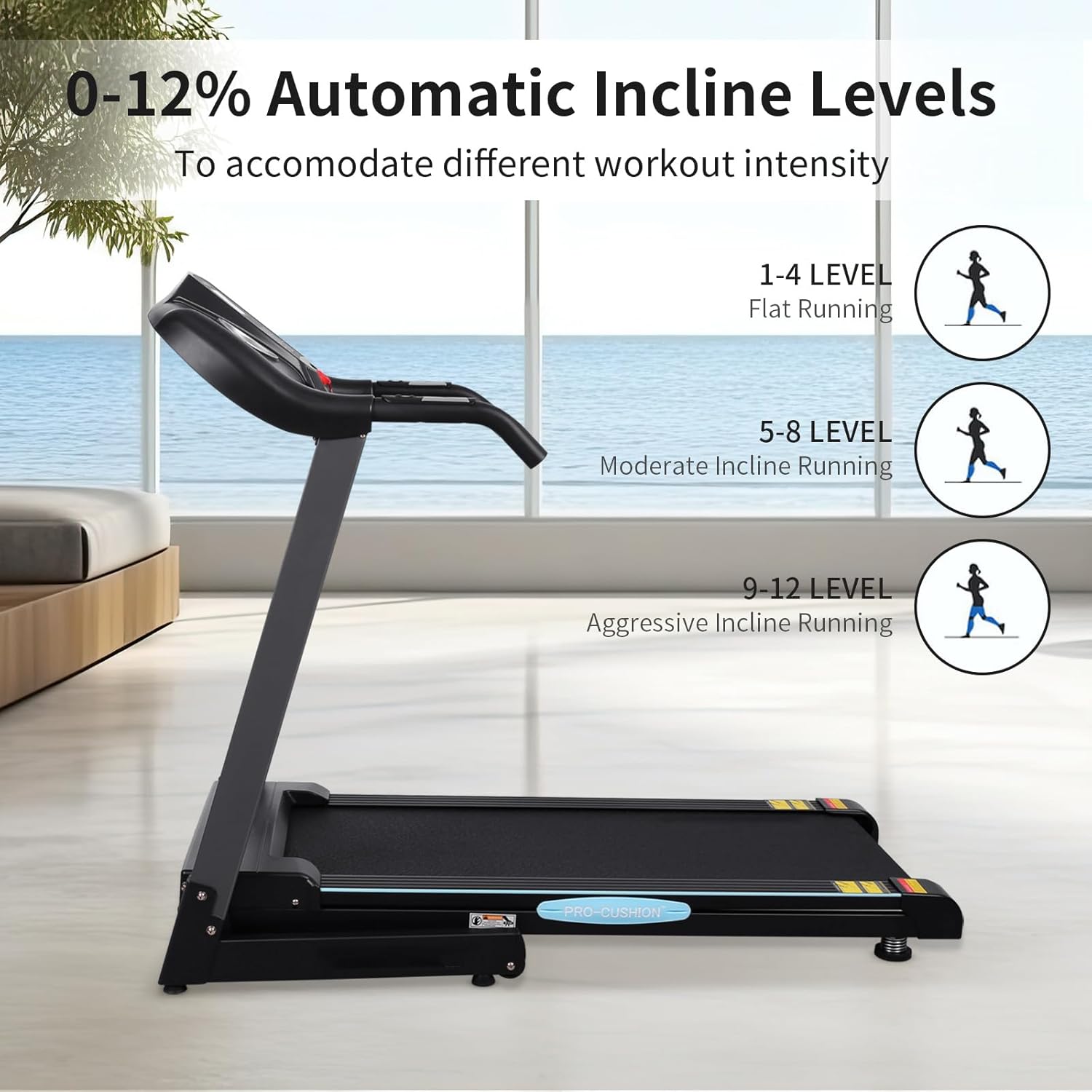 Folding Treadmill 12% Incline Treadmill with Auto Incline 2.5 Horse Power 15 Preset for Home Use 8.5 mph Range