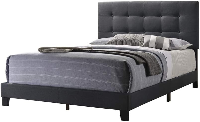 Benjara Queen Size Bed with Square Button Tufted Headboard, Gray