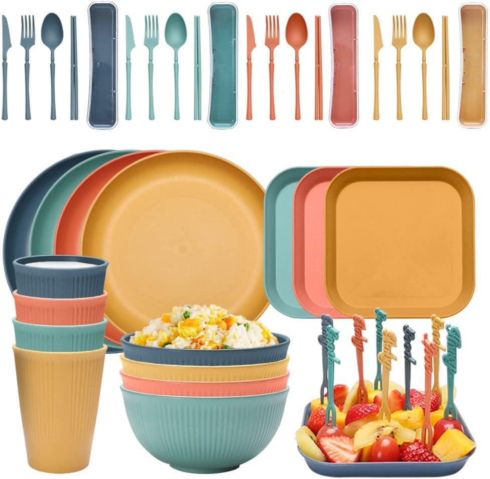 36 Pieces Wheat Straw Kids Dinnerware Sets,100% BPA Free, Non-toxic,Unbreakable Microwave Dishwasher Safe Tableware Lightweight Bowls Cups Forks Plates Spoons Reusable Dinner Plates