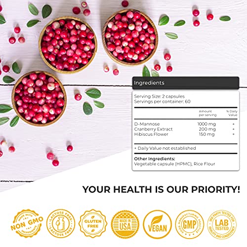 Urinary Tract Infection Treatments D Mannose 1000mg Capsules - D-Mannose & Cranberry Pills with Hibiscus Extract - Strength Urinary Tract Health