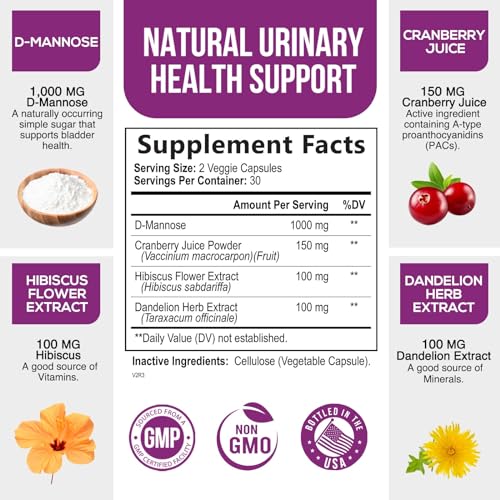 D-Mannose & Cranberry Extract 1350mg Advanced Formula, Fast-Acting Natural Urinary Tract Health Support for Women & Men, Flush Impurities in Urinary Tract & Bladder, Non-GMO, Vegan - 120 Capsules