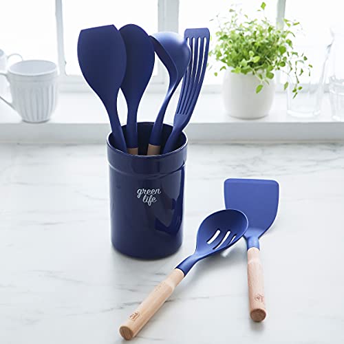 GreenLife Cooking Tools and Utensils, 7 Piece Nylon and Wood Kitchen Set with Ceramic Crock Holder, Heat Resistant Spatula and Spoons, BPA-Free, Pink