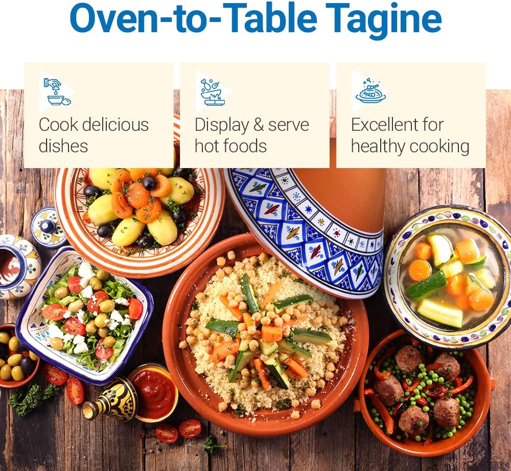 Kamsah Supreme Turquoise Tagine and Hamsa Serving Platter Bundle | Moroccan Ceramic Pots and Plate Set For Cooking and Serve Ware (Large Tagine, Appetizer Tray) | Handmade and Hand Painted