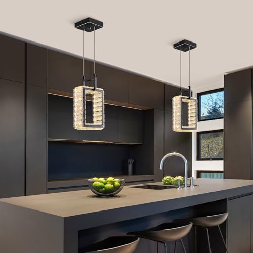 Kitchen Island Mini Light Fixture Modern Led Crystal Pendant Light Gold Rectangle Chandelier for Dining Room Living Room Kitchen Bedroom Bar（1-Pack）