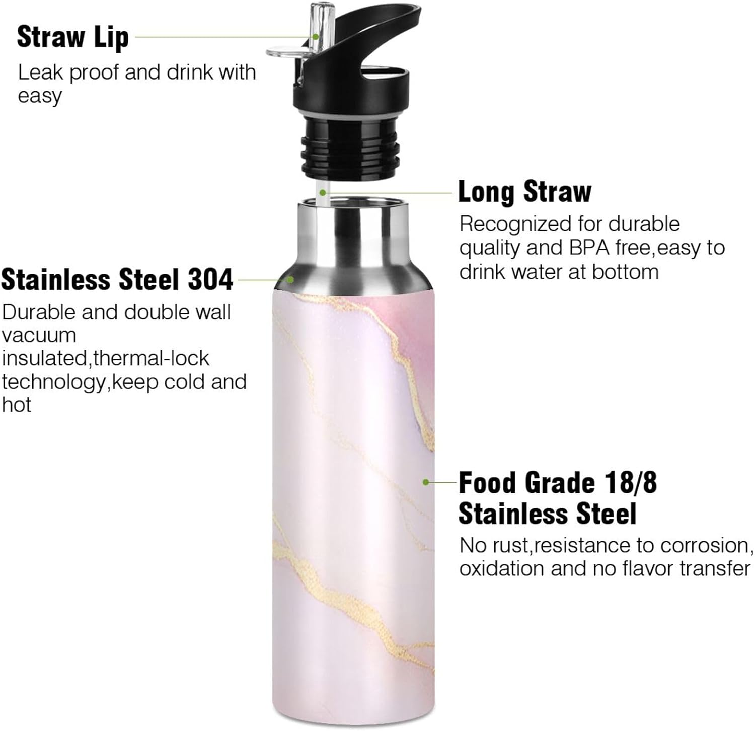 ZOEO Pink Marble Water Bottles Insulated Thermos Kids Stainless Steel Bottle with Straw Lid Flask Leakproof for Sports Gym 20 oz