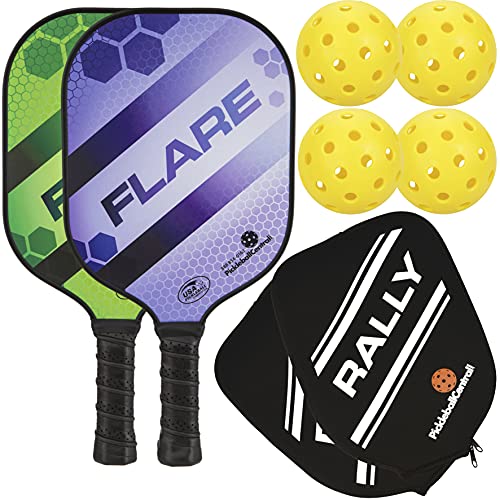 Rally Flare Graphite Pickleball Paddle | 2 Player Pack with Pickleballs and Paddle Covers | Polymer Honeycomb Core, Graphite Hybrid Composite Face | Lightweight