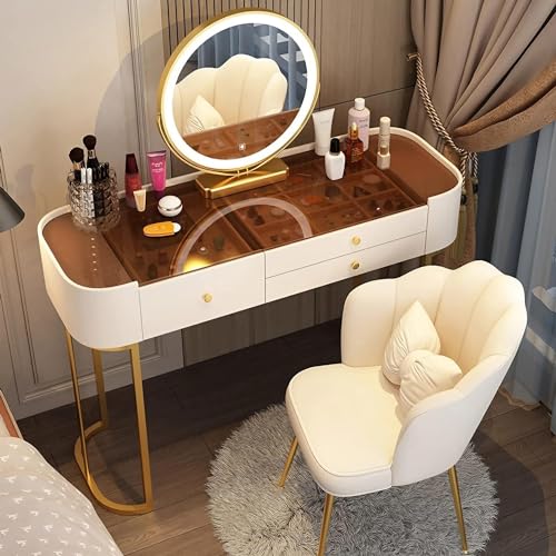 Vanity Set - Makeup Vanity Table with Glass Top, Luxury Vanity with Drawers, LED Smart Makeup Mirror & Makeup Chair, Family Bedroom, Suitable for Her (White & Gold)