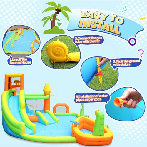 Inflatable Water Slide Park, Large Water Bouncer Castle Fun Bouncy House with Large Pool, Dual Slides, Climbing Wall, Basketball, Soccer, Archery, Toss Game, Easy to Set Up with Air Blower