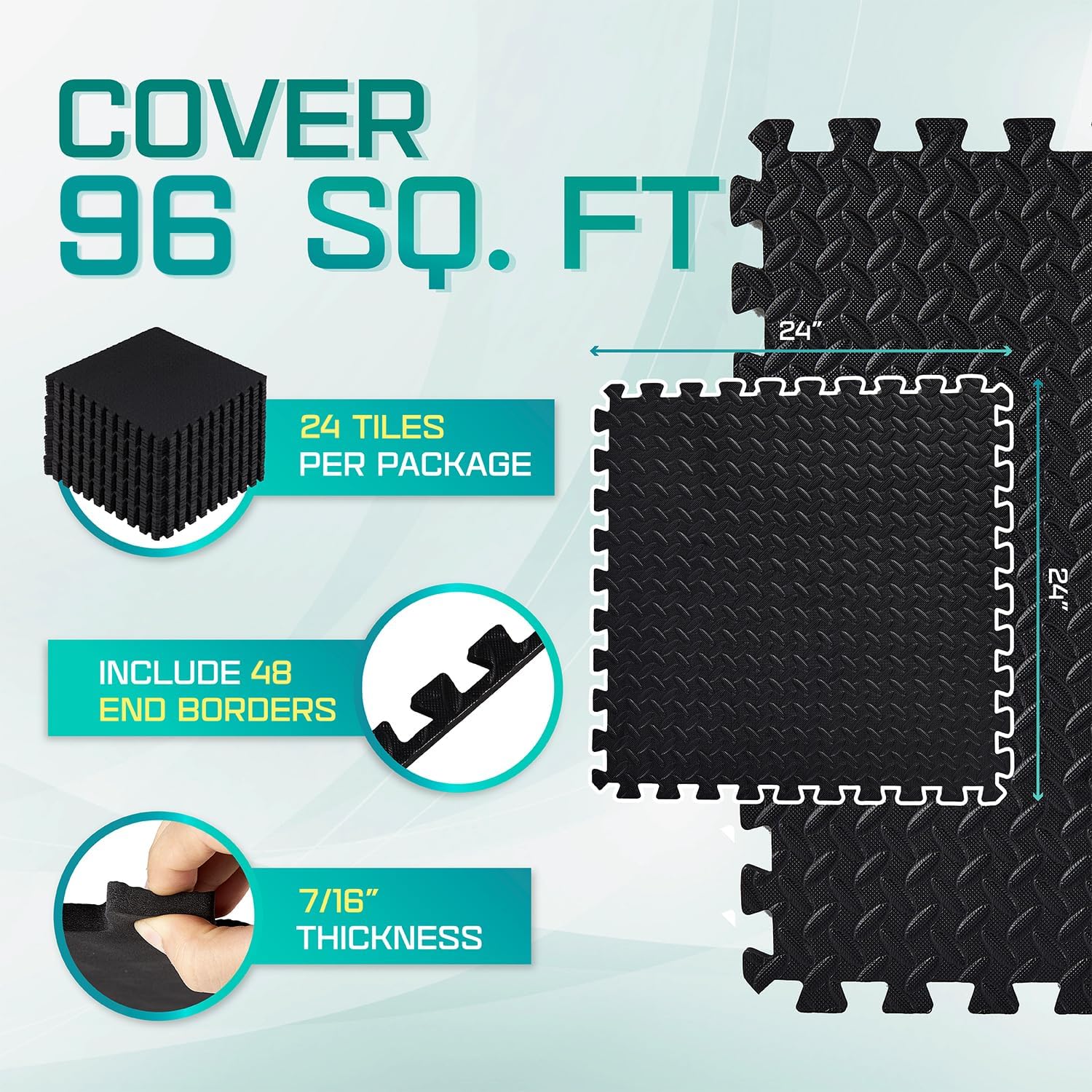 Yes4All Interlocking Foam Tiles, Non-Slip Foam Floor Tiles for Home Gym- Black, 24 tiles 24