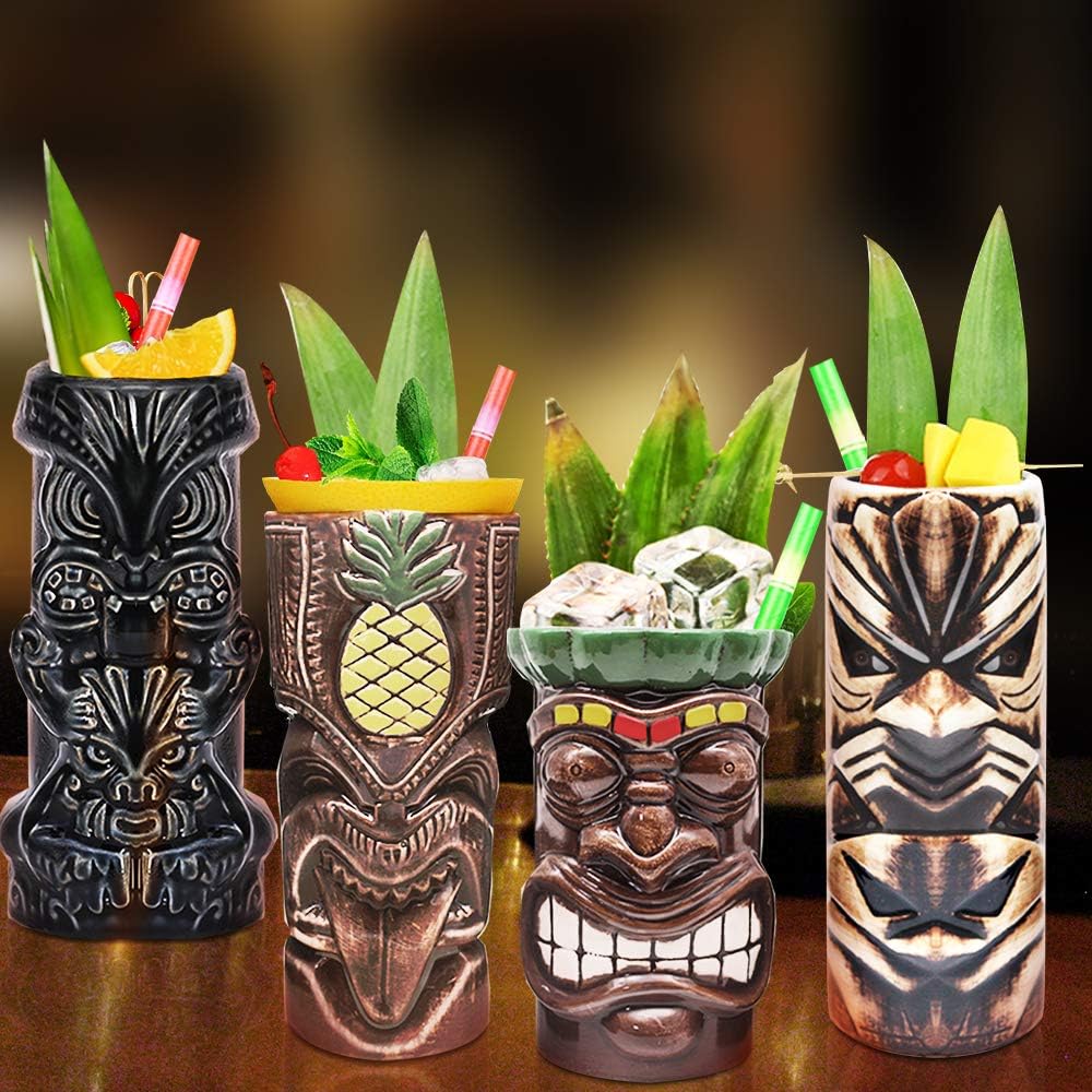 Tiki Mugs Cocktail Set of 4 - Large Tumblers Ceramic Hawaiian Luau Party Mugs Drinkware, Cute Exotic Cocktail Glasses, Tiki Bar Professional Hawaiian Party Barware, TKSET0005…