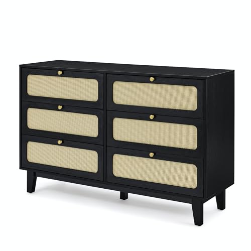 6 Drawers Dresser,Modern Cannage Rattan Wood Chest with 6 Drawers,Wood Storage Cabinet Sideboard for Bedroom, Living Room, Entryway, Hallway,Natural Walnut