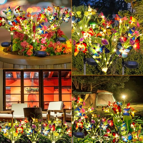 Solar Garden Lights, 2 Pack 84LED 14 Butterfly 28 Daisy Flower Solar Powered Lights IP65 Waterproof Stake Lights Outdoor Landscape Lights for Yard Patio Lawn Gift for Women (Purple-1)