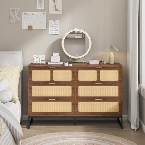 Rattan 6 Drawer Dresser Mid Century Modern Dresser Chest of Drawers Boho Farmhouse 6 Drawer Cabinet with Wide Drawers Metal Legs Storage Dressers Chest for Bedroom, Living Room