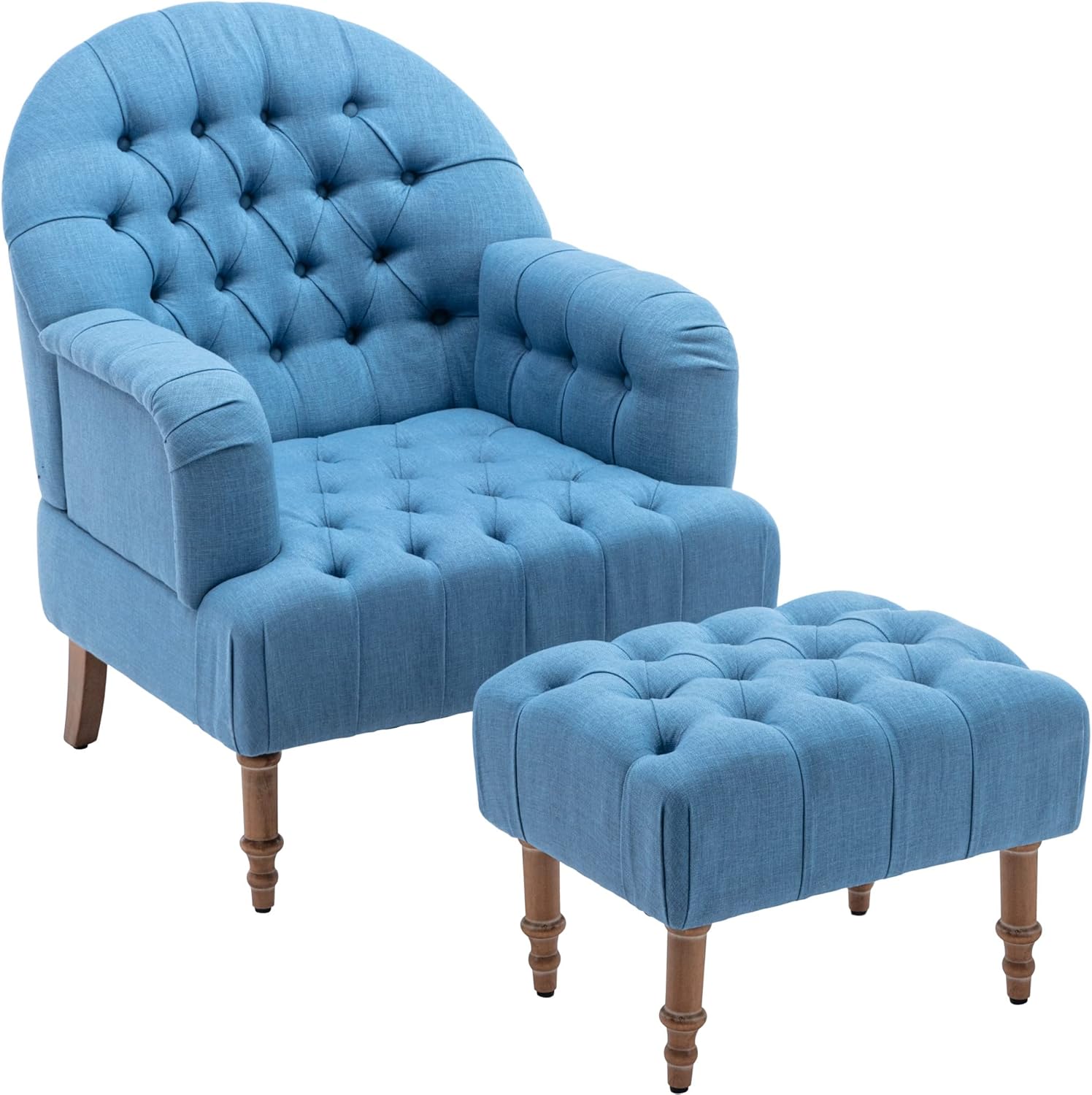 Accent Chair,Button-Tufted Upholstered Chair Set,Mid Century Modern Chair with Linen Fabric and Ottoman for Living Room Bedroom Office Lounge,Blue