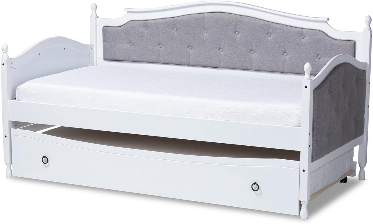 Baxton Studio Marlie Classic and Traditional Grey Fabric Upholstered White Finished Wood Twin Size Daybed with Trundle