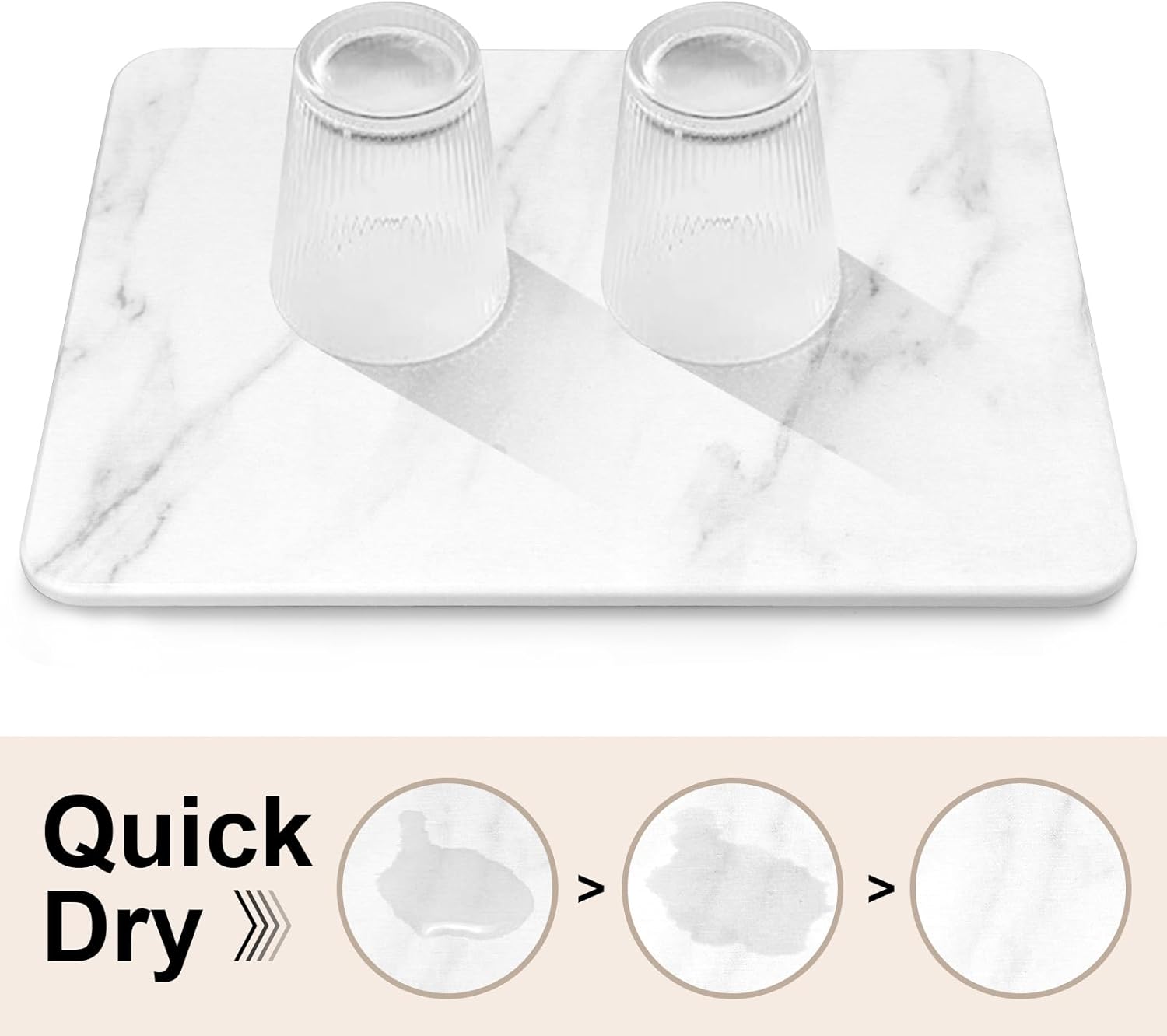 2 Pack Stone Dish Drying Mats for Kitchen Counter, Fast Dry, Super Absorbent Dish Drying Mat, Eco-Friendly Diatomaceous Earth Mat with Non-Slip Pad for Dishes Bottles Cups(16x12 Inch, White Marble)