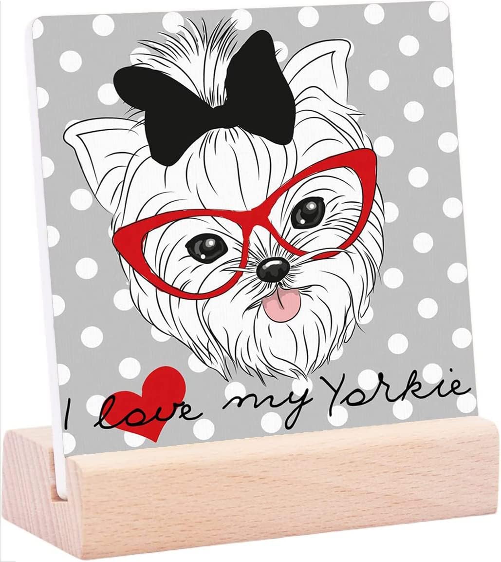 Ceramic Table Plaque with Wooden Stand Desk Decorations- I Love My Yorkshire Cute Dogs Animal Tabletop Sign Desk Decorations for Home Office Bedroom Family Decor