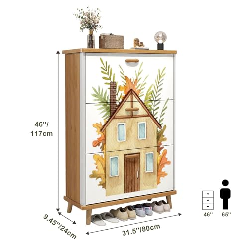 3 Drawer Shoe Cabinet, Artistic Shoe Cabinet, Wooden House Hill Behind House There are Trees Wood Shoe Rack Organizer for Entryway Slim (31.5”W x 9.45”D 46”H)