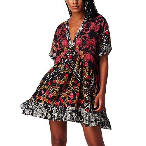 Women Boho Summer Dresses Y2K Babydoll Flowy Dress Ruffle Mini Dress Deep V-Neck Casual Floral Sundress
