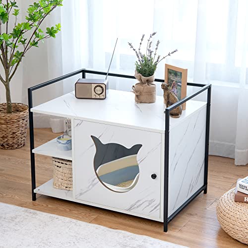 Tangkula Cat Litter Box Enclosure, 2-in-1 Hidden Cat Washroom & Side Table W/ 2-Tier Storage Shelf, Metal Frame, Indoor Cat House Storage Bench, Wooden Cat Box Cabinet Litter Box Furniture (White)