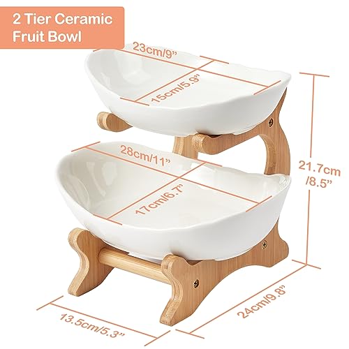 2 Tier Ceramic Fruit Bowl, with Bamboo Wood Stand, White Kitchen Fruit Basket Stand Fruit Serving Tray Set for Vegetable Storage, Snack Dessert Cake Candy Tray Plate Holder