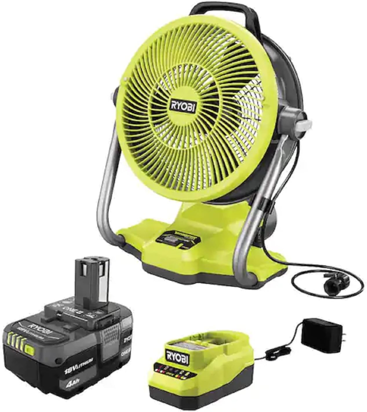RYOBI ONE+ 18V Cordless Hybrid WHISPER SERIES 12 in. Misting Air Cannon Fan Kit with 4.0 Ah Battery and Charger, MEDIUM, GREEN