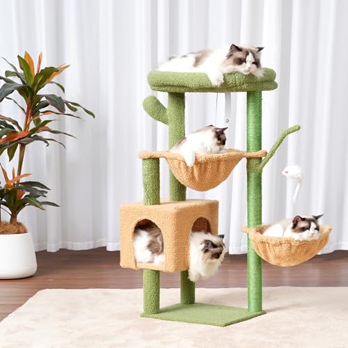 Heybly Cat Tree, 39.4 Inches Tower Condo with Scratching Post, Cat Tower for Indoor Cats, Fully Wrapped Sisal Pole, Soft Platform, 2 Baskets and Dangling Toy, Muchroom HCT006SMU