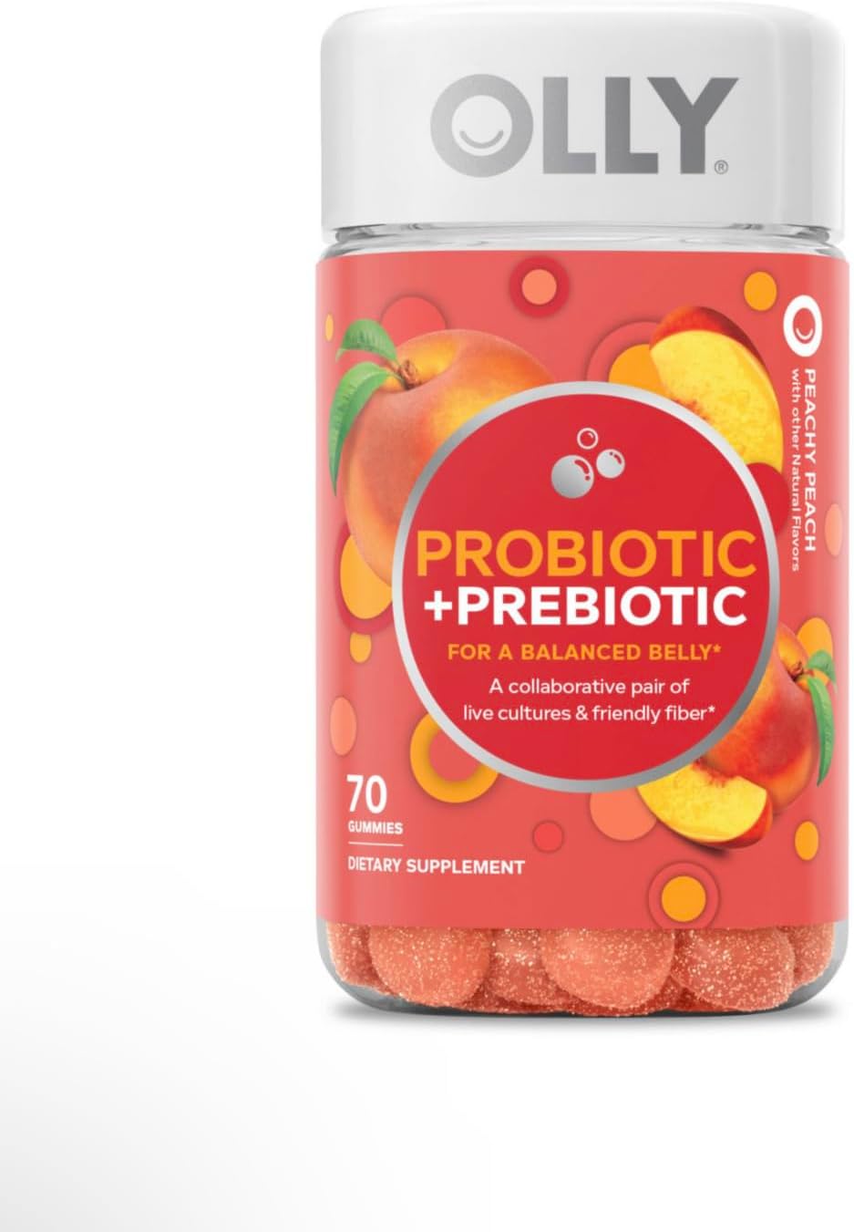 OLLY Probiotic + Prebiotic Gummy, Digestive Support and Gut Health, 500 Million CFUs, Fiber, Adult Chewable Supplement for Men and Women, Peach, 70ct