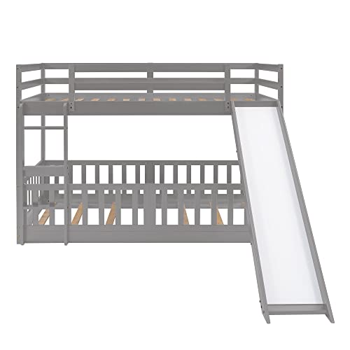 Twin Over Twin Bunk Bed with Slide and Ladder, Functional Playhouse Design Wood Bed Frame with Full-Length Guardrails, No Box Spring Required, 77.3