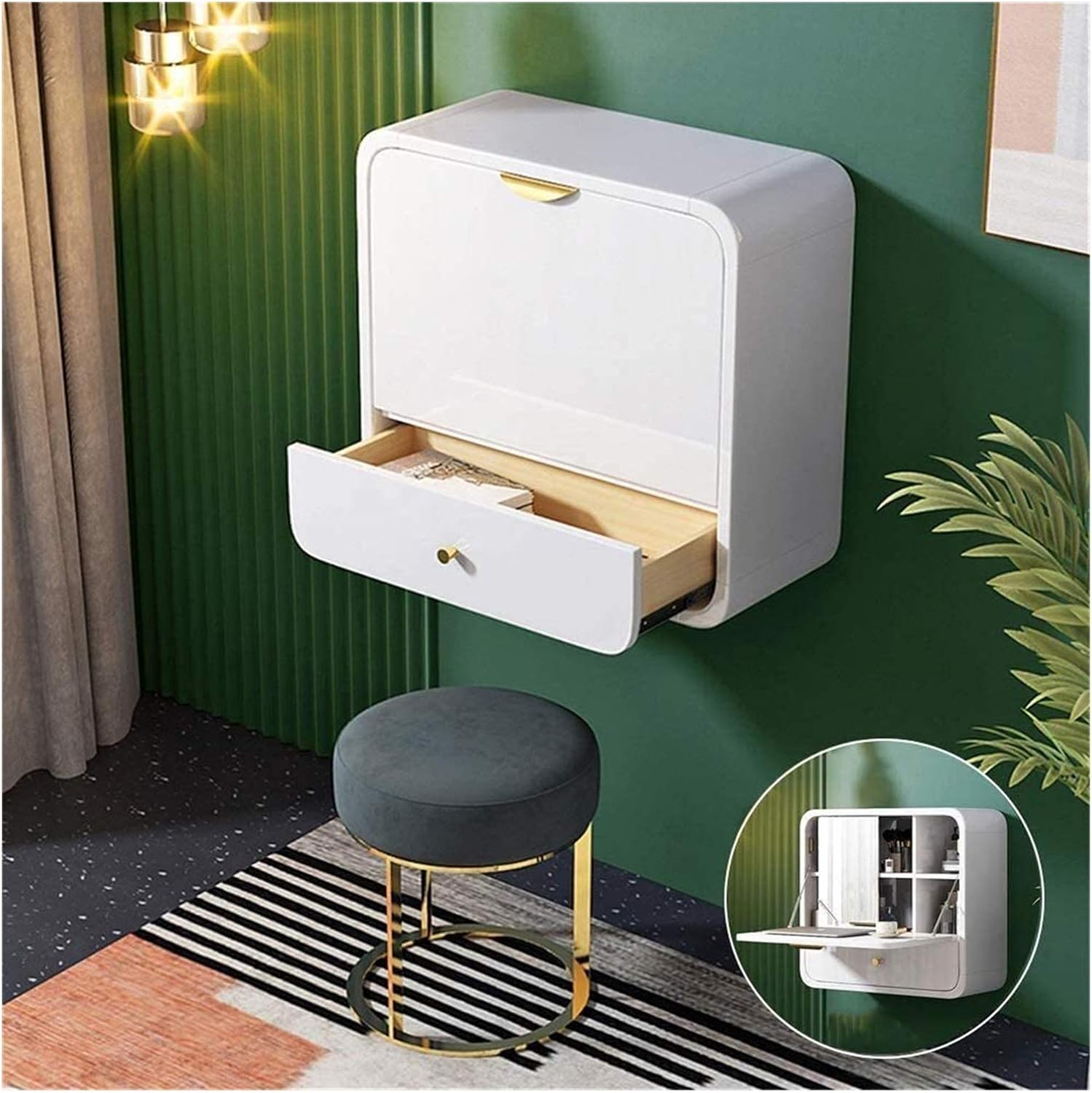Luxury Dressing Vanity Table w/Stool for Bedroom, Girl Bedroom Dressing Table with Stool, Wall-Mounted Table, Multifunctional Folding Mini Storage Cabinet