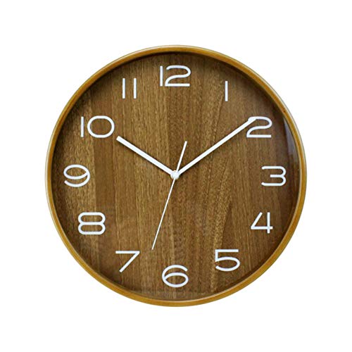 Wall Clock, 12-Inch Silent Wood Wall Clocks Battery Operated Non-Ticking Quartz Easy to Read Large Numbers Round for Office Bedroom Living Room Kitchen Indoor Decorative KSZ1230B brown color