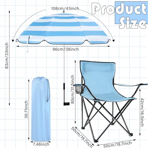 2 Sets Beach Chair with UPF 50+ and Umbrella with Universal Clamp Folding Beach Chair with Mesh Cup Holder for Adult with Carrying Bag 360° Adjustable Shade Umbrella Collapsible (Blue)